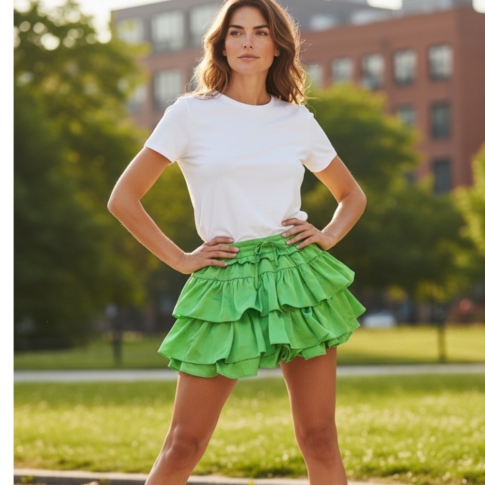 Day + Moon Green Tiered Ruffle Skort Drawstring Waist‎ Satin Barbiecore Festival